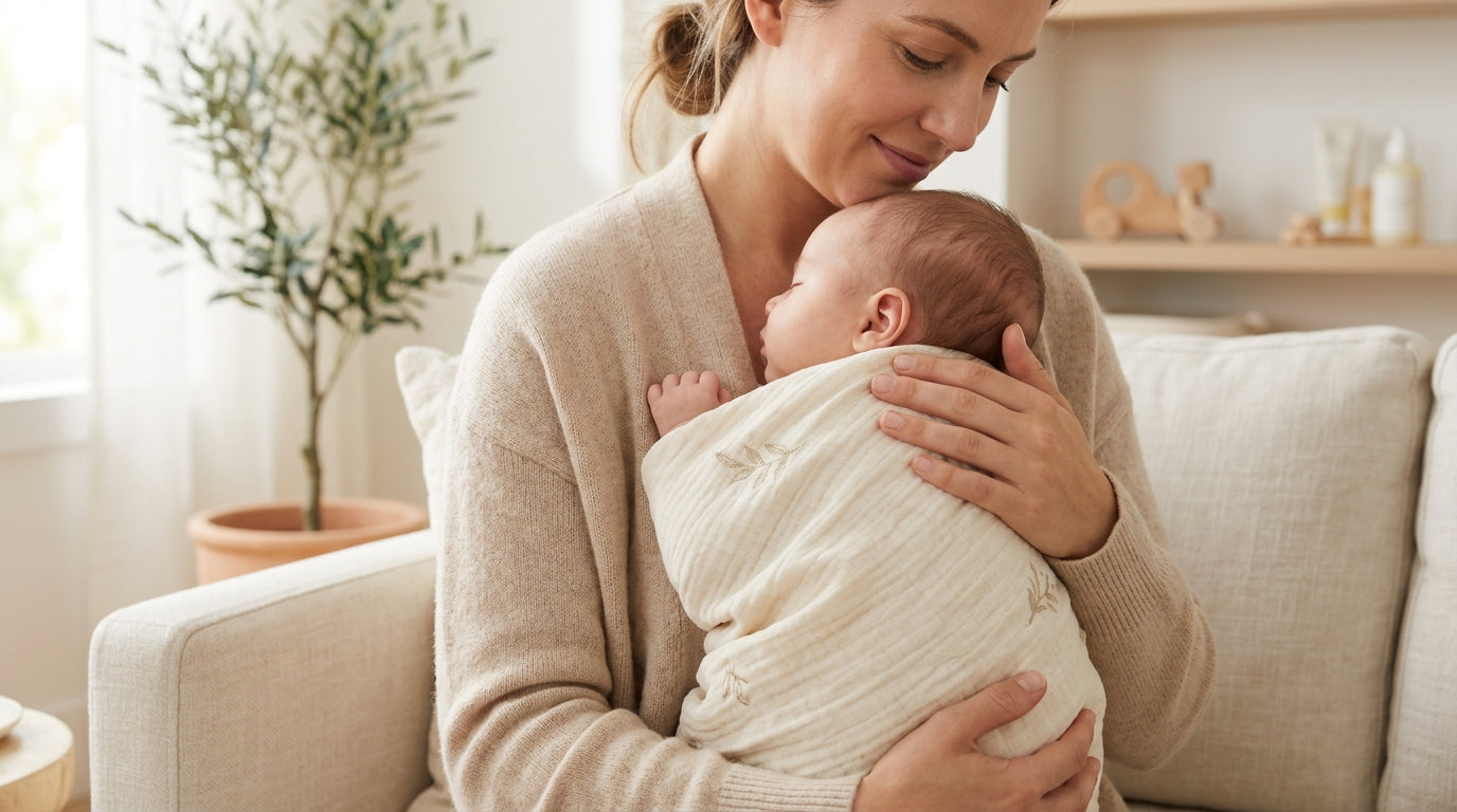 Tired mother holding a sleeping baby wearing an organic cotton bodysuit