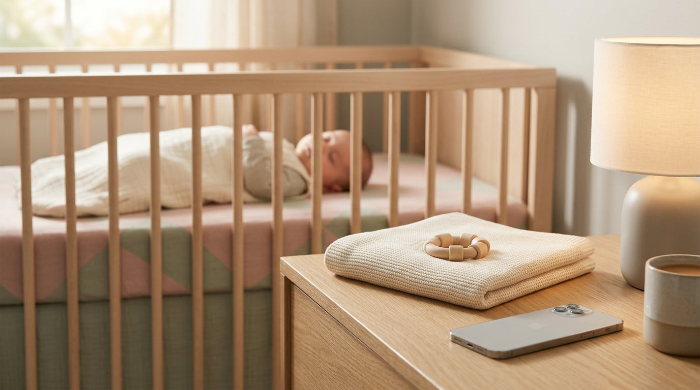 Exhausted mom looking at her phone in the dark while holding a baby