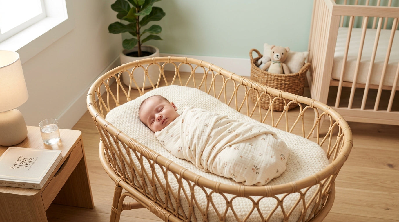 A tired dad sitting on a yoga ball watching soap operas while holding a sleeping baby in an organic cotton onesie.