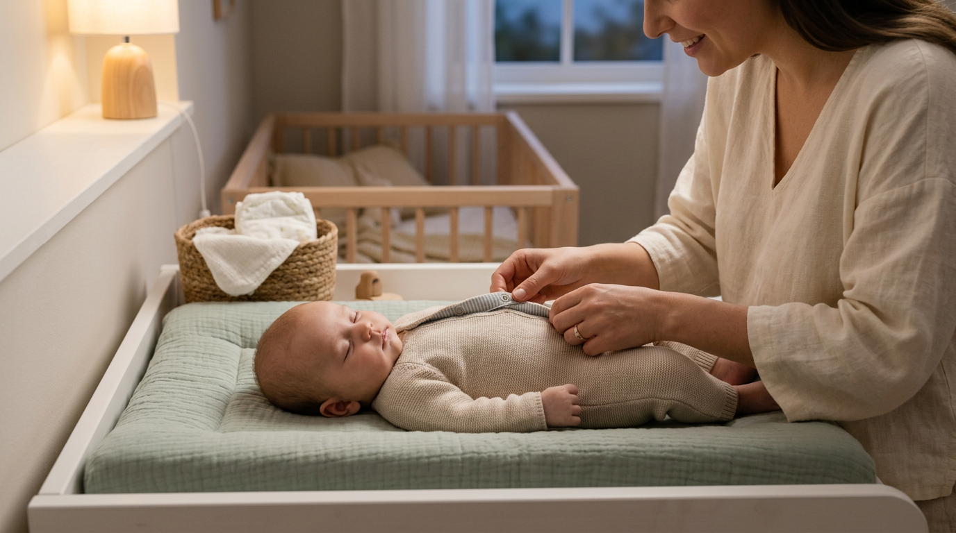 A tired dad trying to button a baby sleepsuit while holding a coffee mug