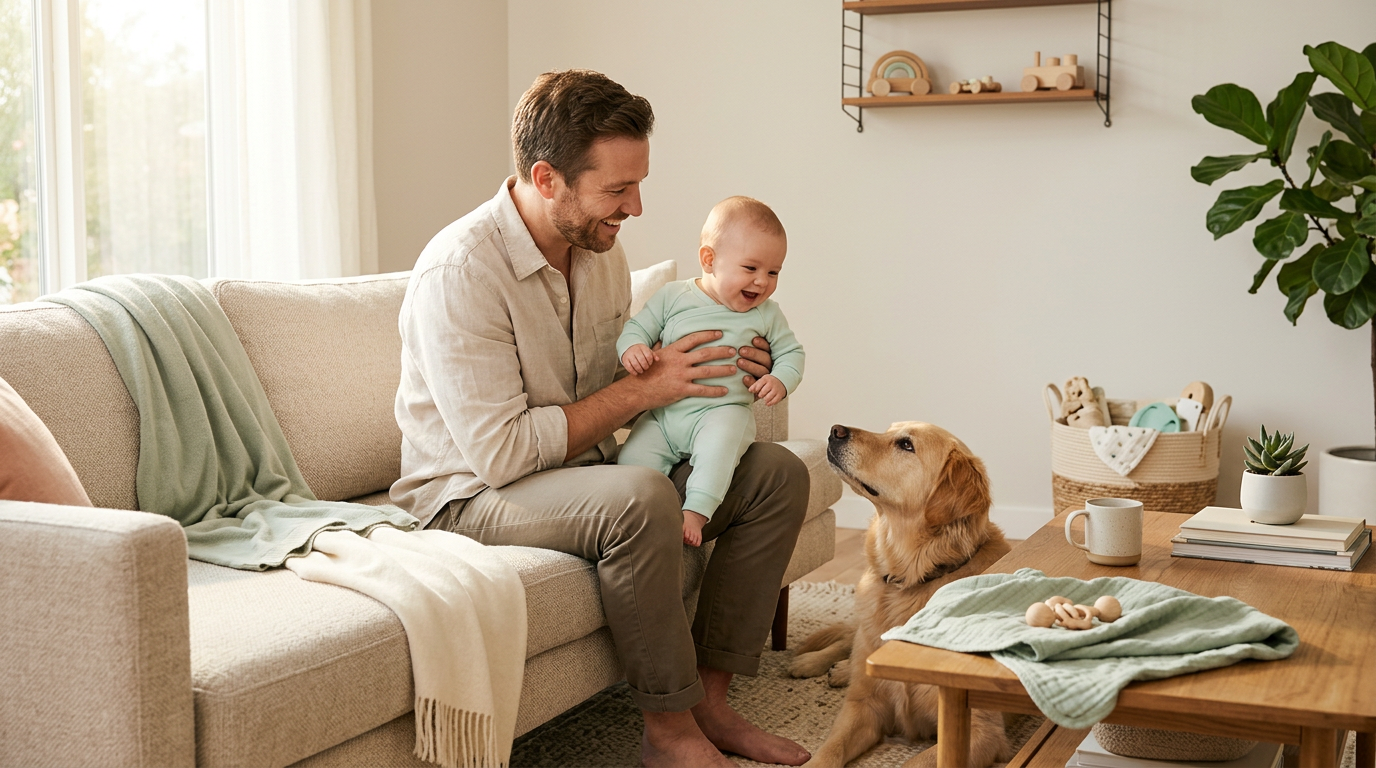 Tired dad sitting on the nursery floor between a baby and a golden retriever.