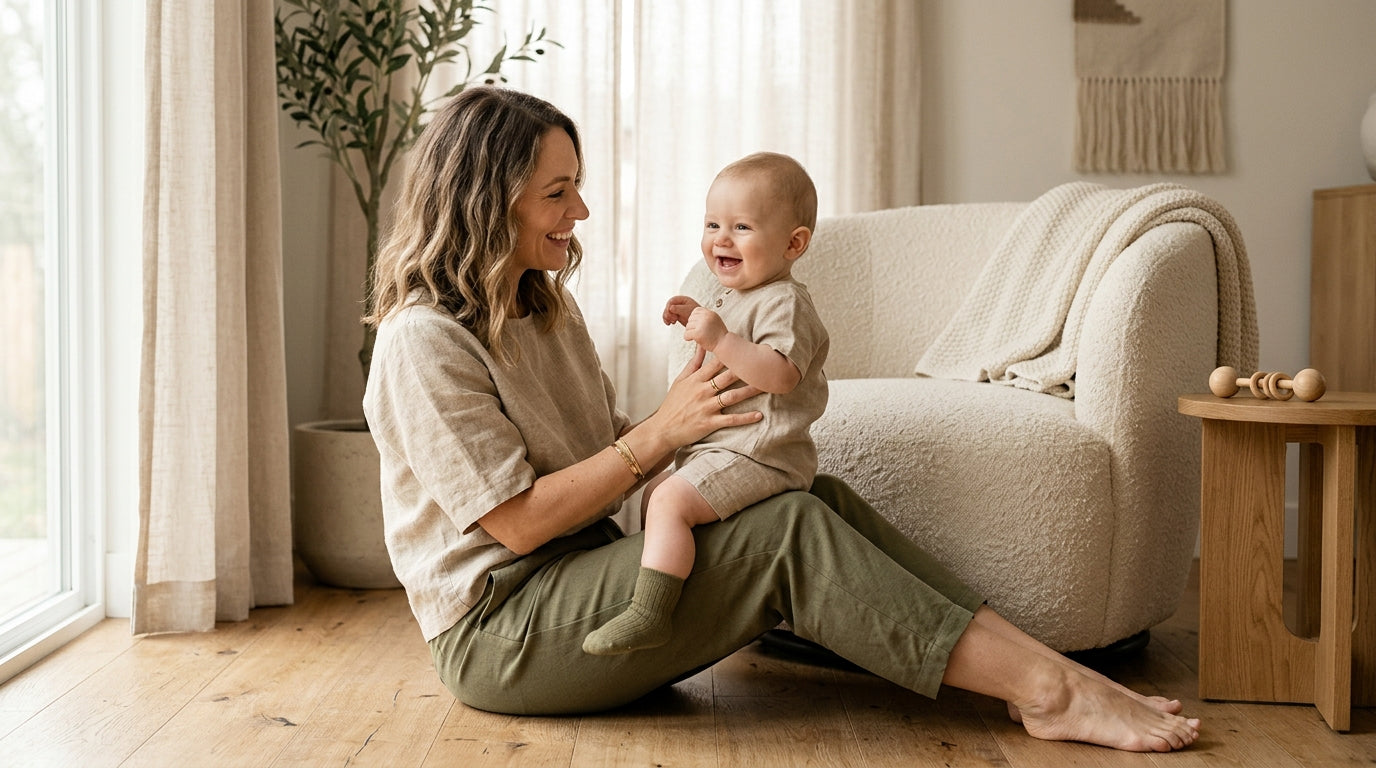 Mom wearing a sage green linen dress holding her baby son in a complementary organic cotton romper.