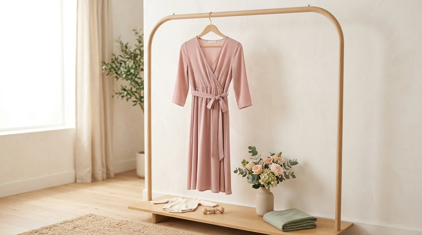 Pregnant mother wearing a comfortable flowing dress at a baby shower