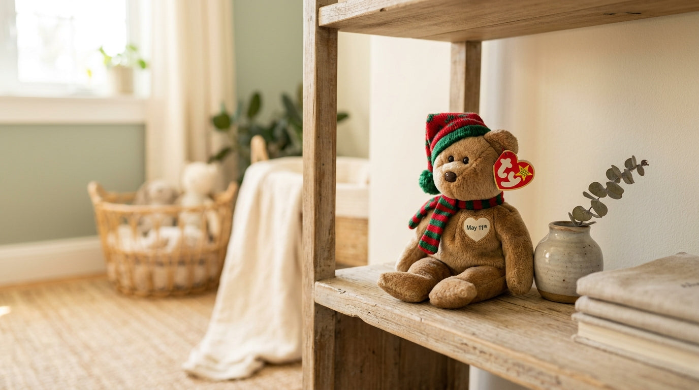 A vintage Ty Lizzy the Lizard beanie baby sitting next to a wooden nursery play gym