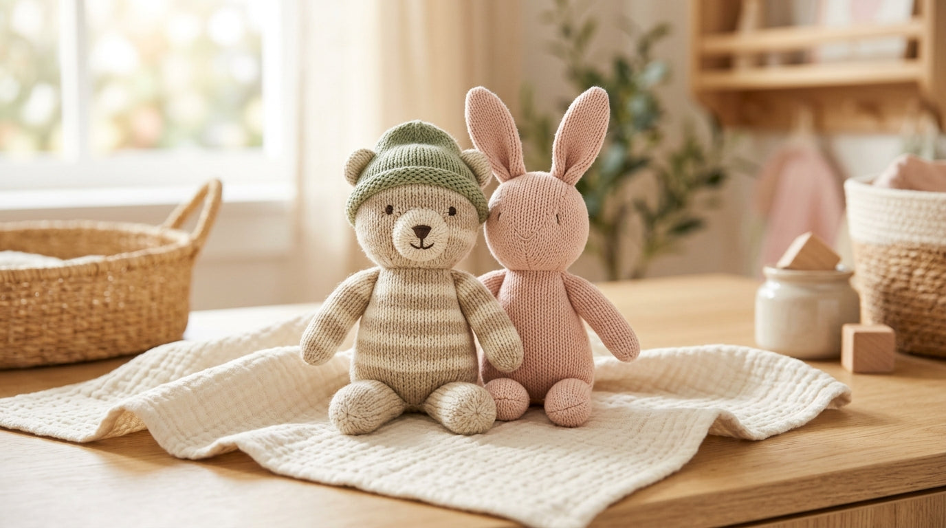 A slightly battered 90s unicorn plush toy sitting on a nursery shelf
