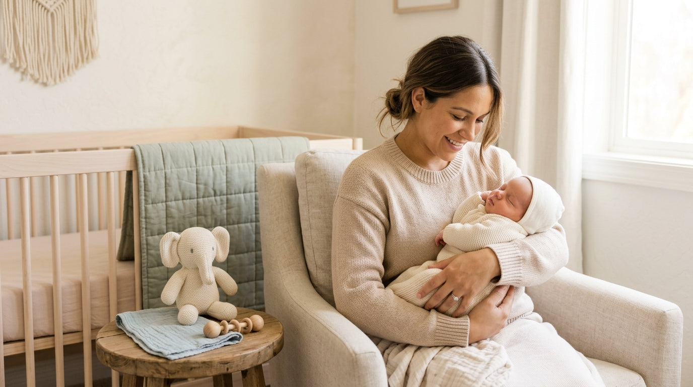 A tired mom holding her newborn baby in a swaddle while looking at her phone in the dark