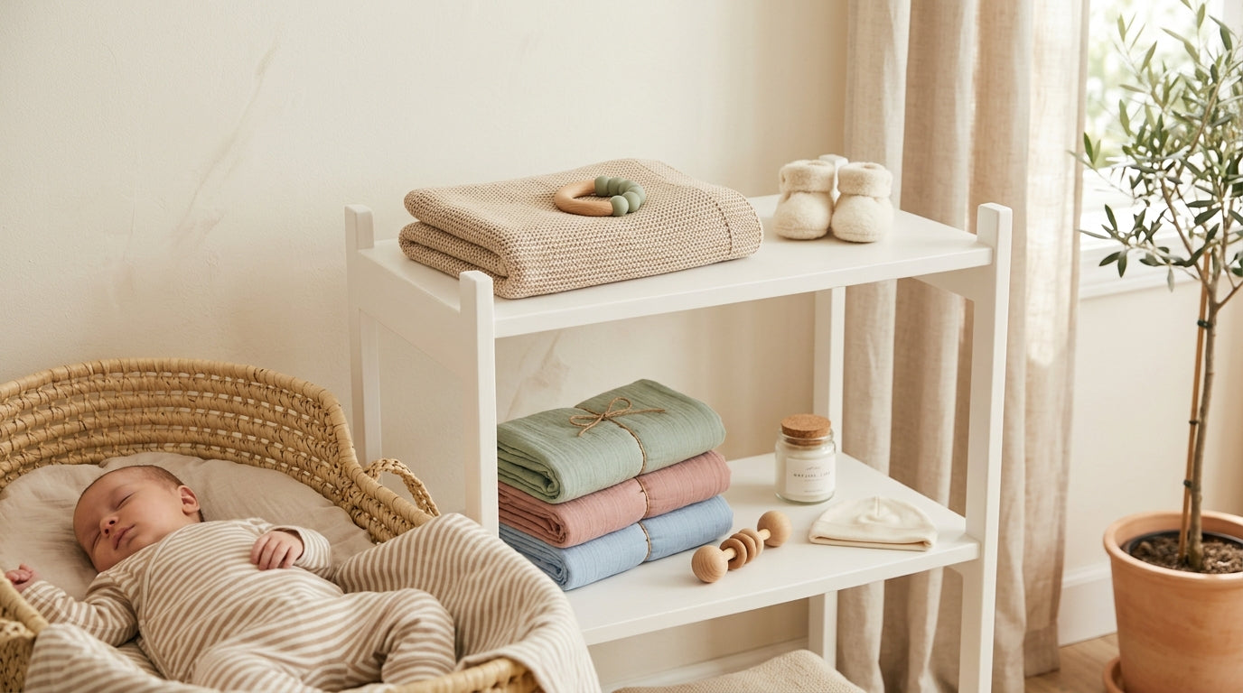 Exhausted mom looking at baby clothes trying to understand infant sizing