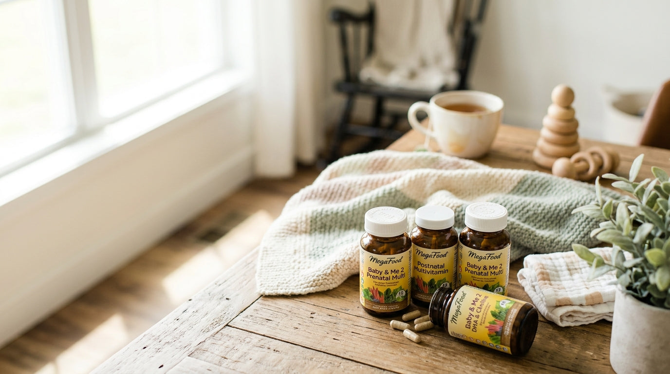 Mom holding a coffee mug and staring at a bottle of prenatal vitamins on the bathroom counter.