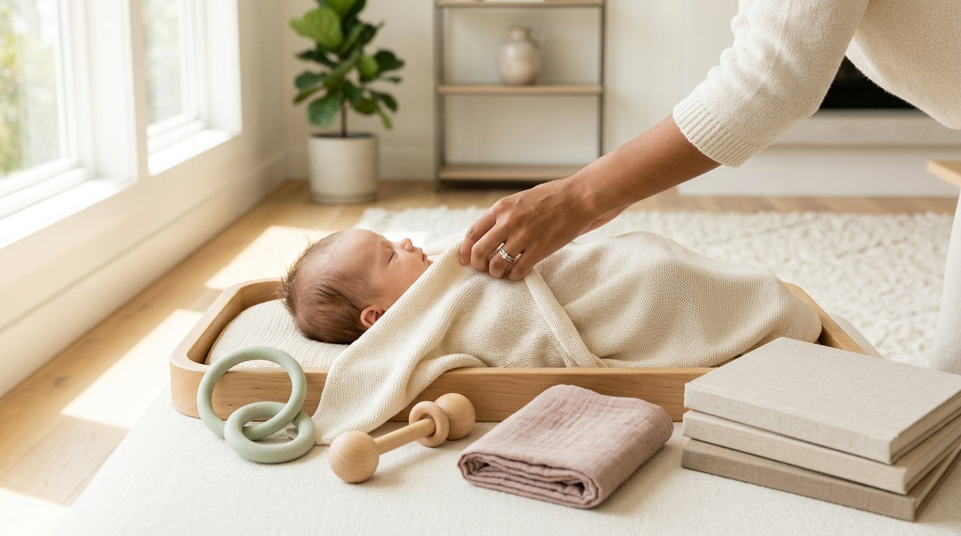 A tired dad holding a baby while looking at his smartphone in a dark room.