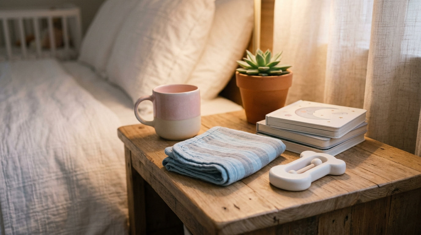 Confused mom holding a coffee cup looking at a smartphone screen late at night.