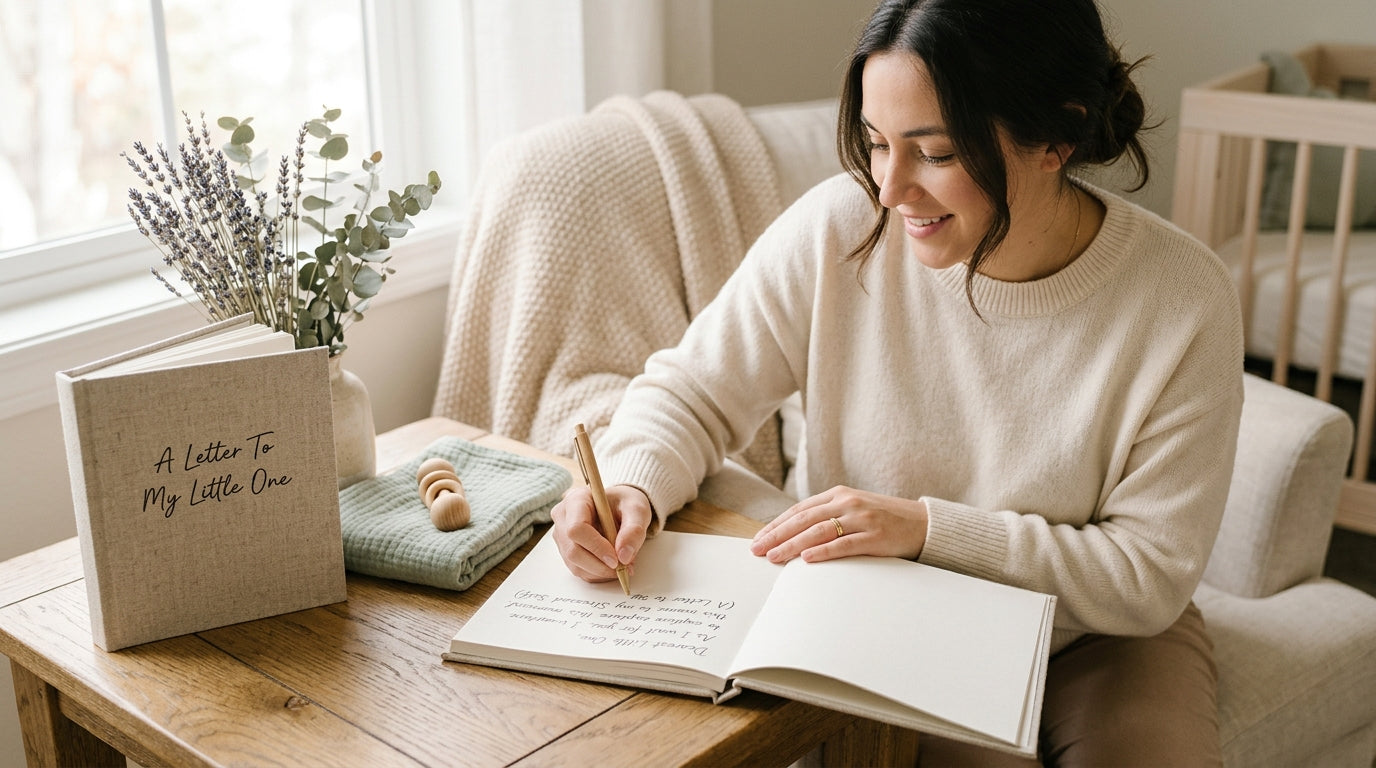 Stressed mom holding an iced coffee and a blank children's book