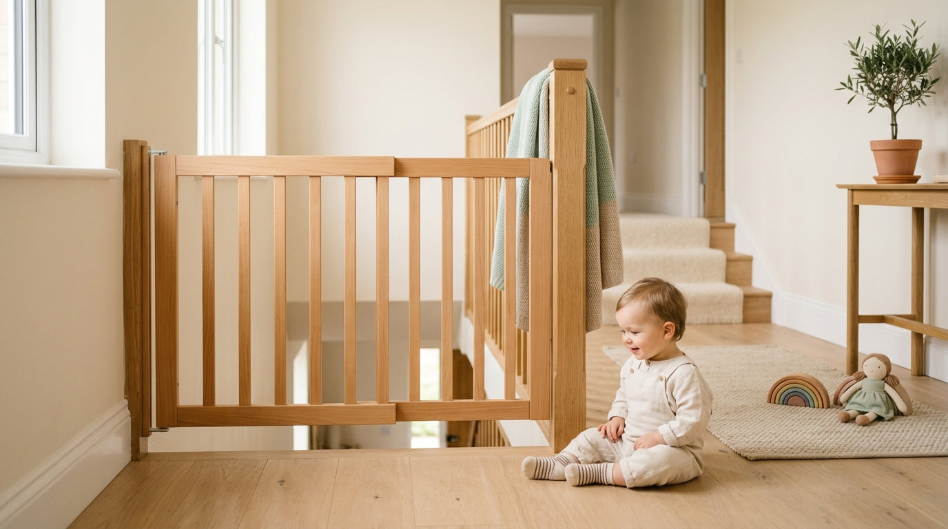 A tired mom stepping over a baby gate holding a cup of coffee