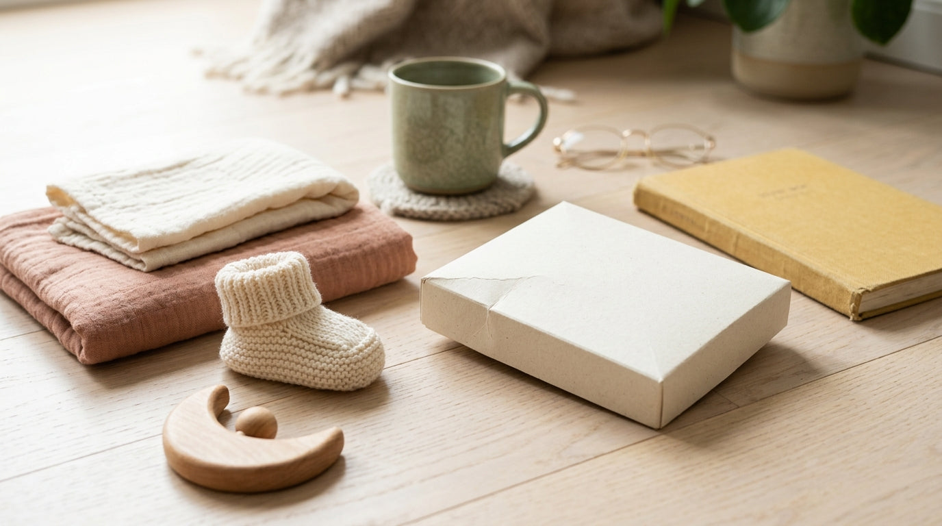 A tired pregnant woman looking at a stack of blank baby shower envelopes