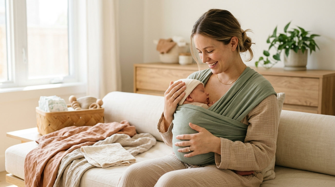 Sarah sitting on a messy couch holding her newborn in a sweaty skin-to-skin kangaroo care pose.