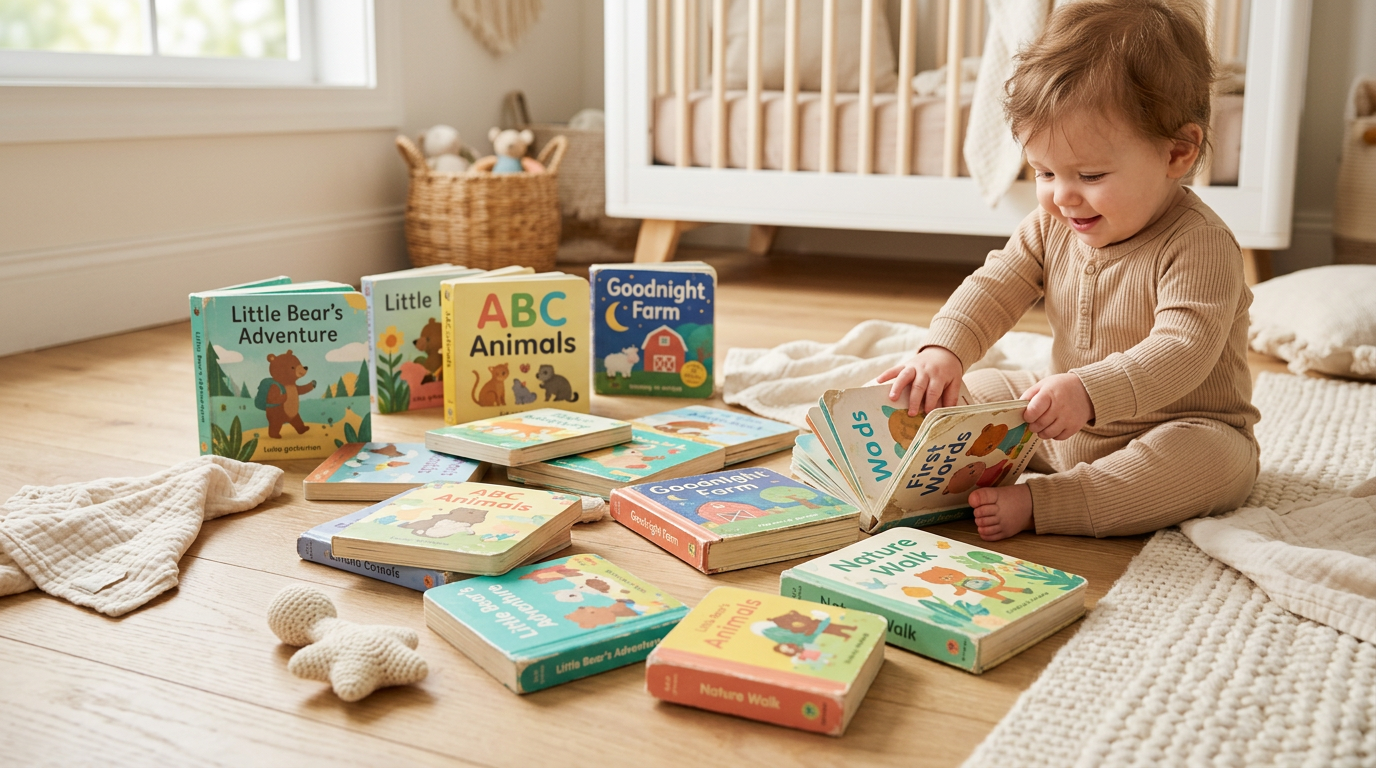 A slightly chewed cardboard book sitting on a messy nursery floor next to a sleeping infant.