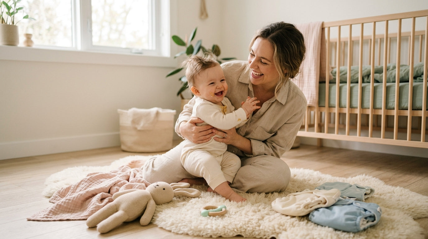 A tired mom holding her newborn baby dressed in a soft organic cotton bodysuit