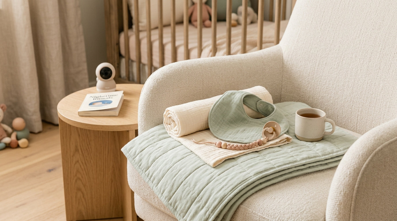 Exhausted mom holding a drool-covered teething toy and a cold cup of coffee in a messy nursery