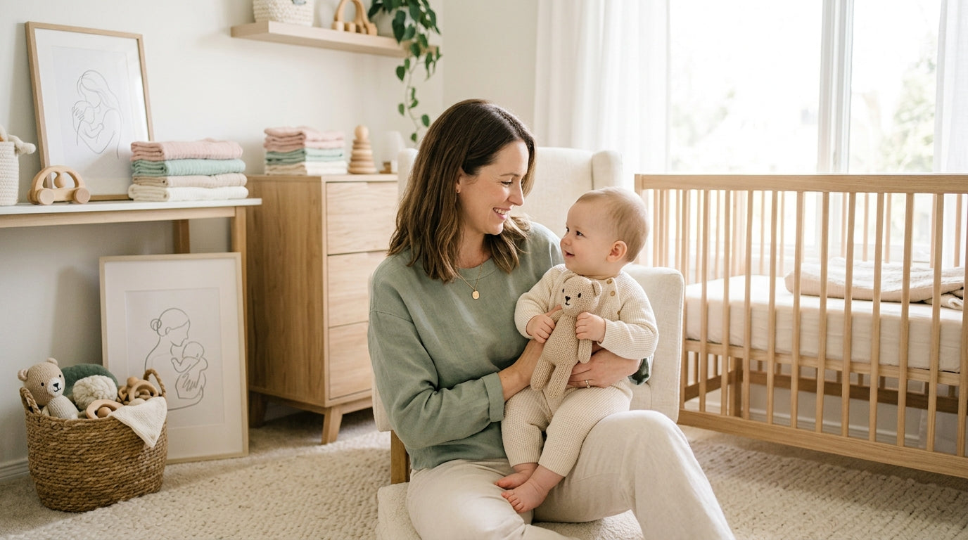 A wooden baby play gym sitting on a messy living room rug next to a coffee cup.