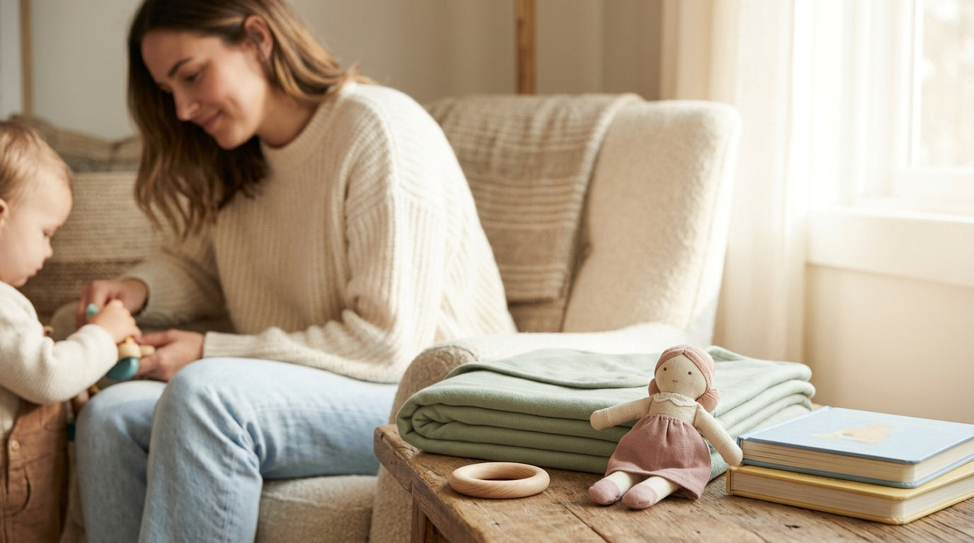 Mom scrolling on her phone while baby plays on a wooden play mat.