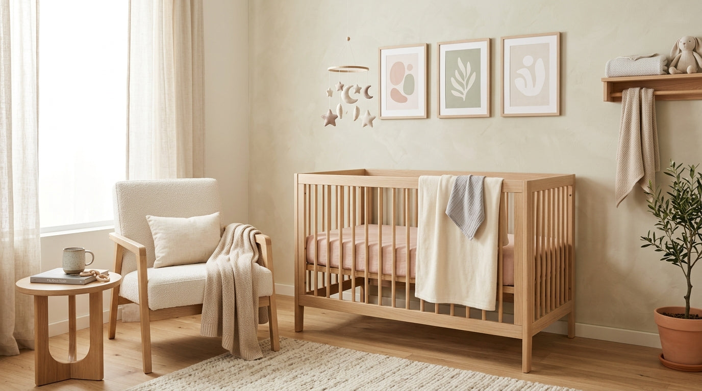A half built wooden crib next to a very cold cup of coffee on the floor.