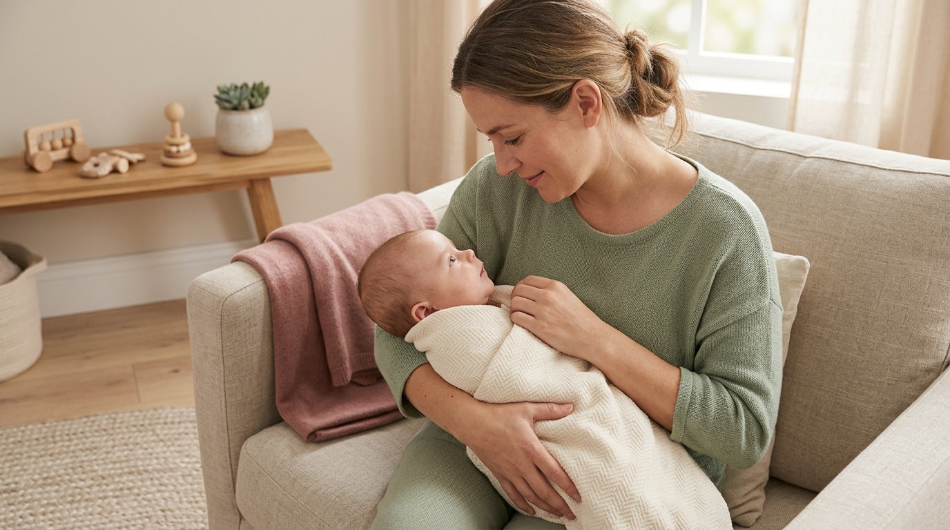 A tired parent holding a baby while looking longingly at their sleeping partner