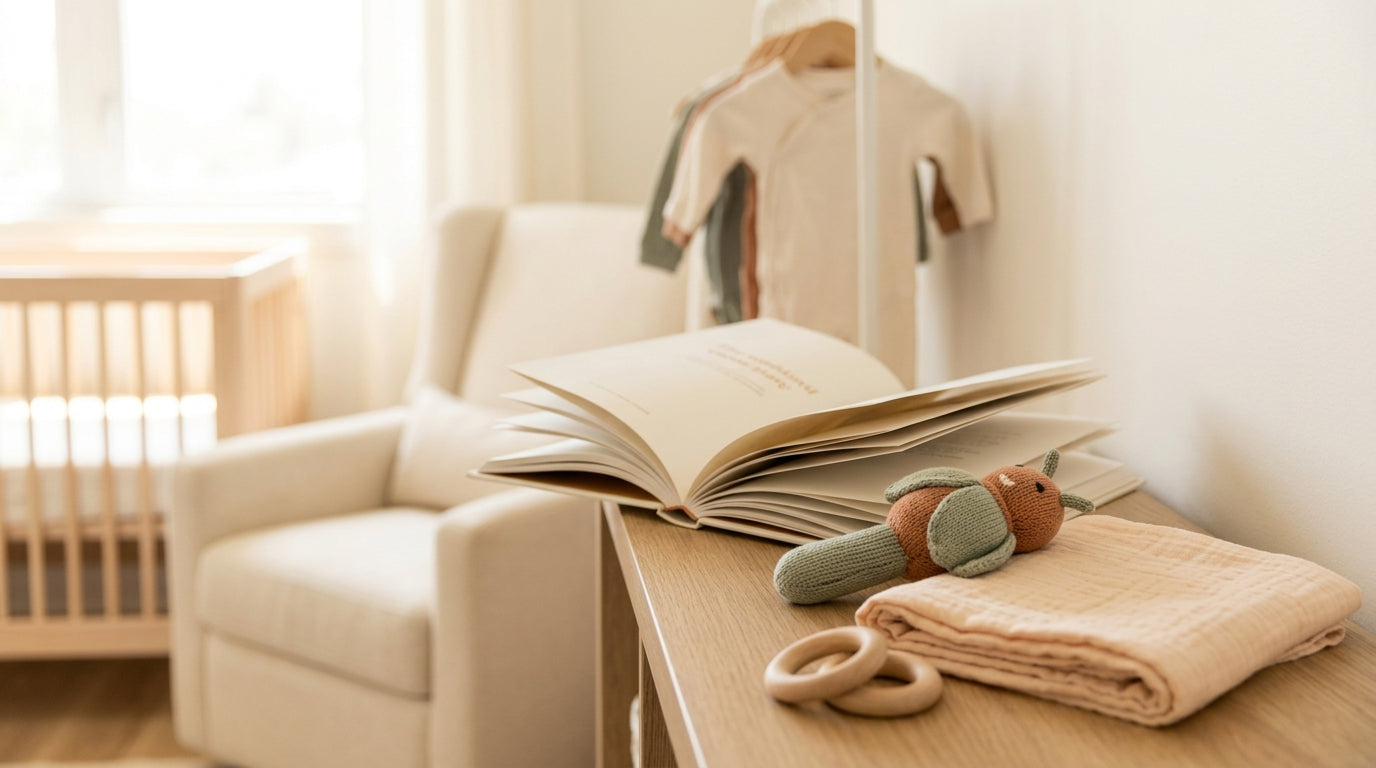 Marcus reading a book next to a sleeping baby in a dim Portland nursery