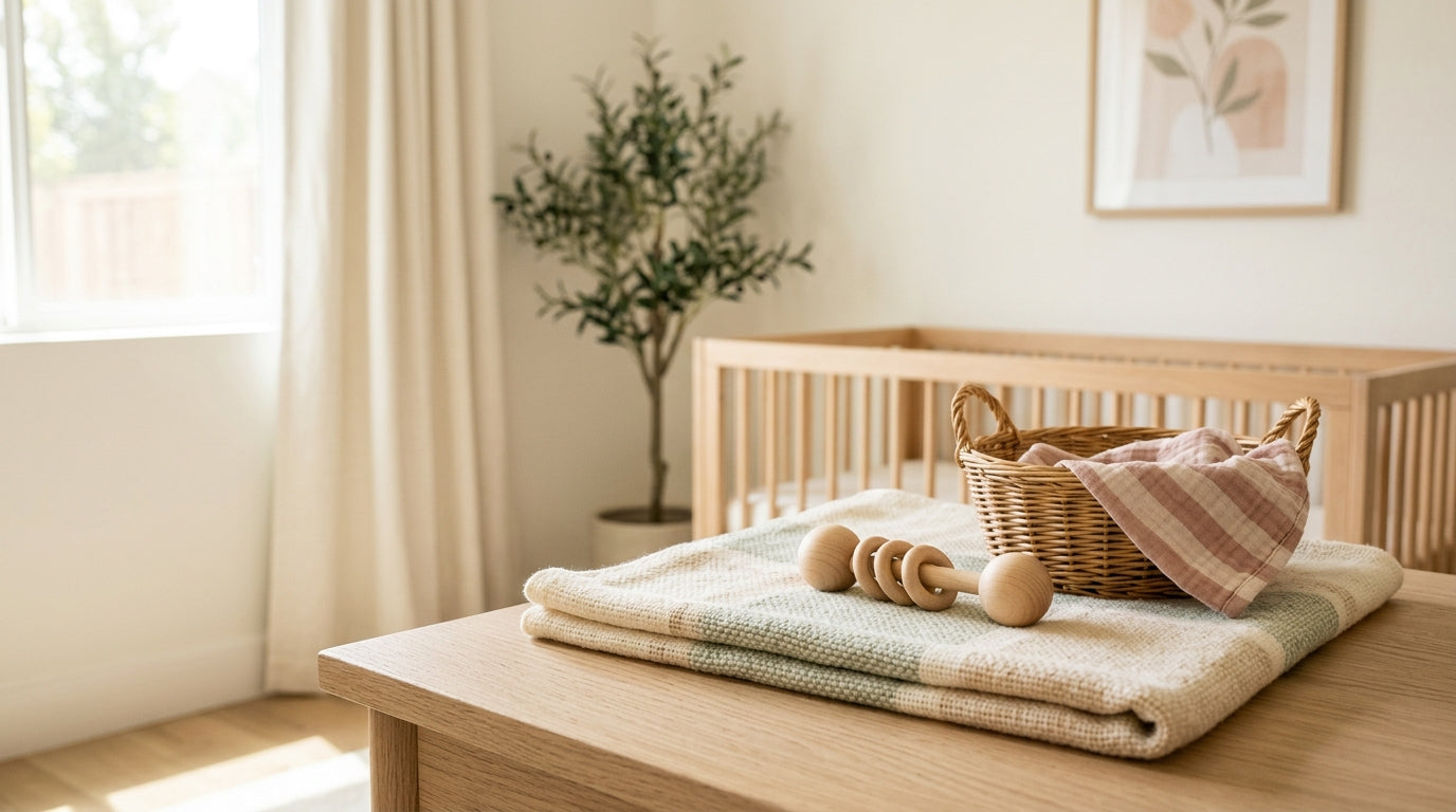 Mother wearing baby in carrier while walking through a parking lot