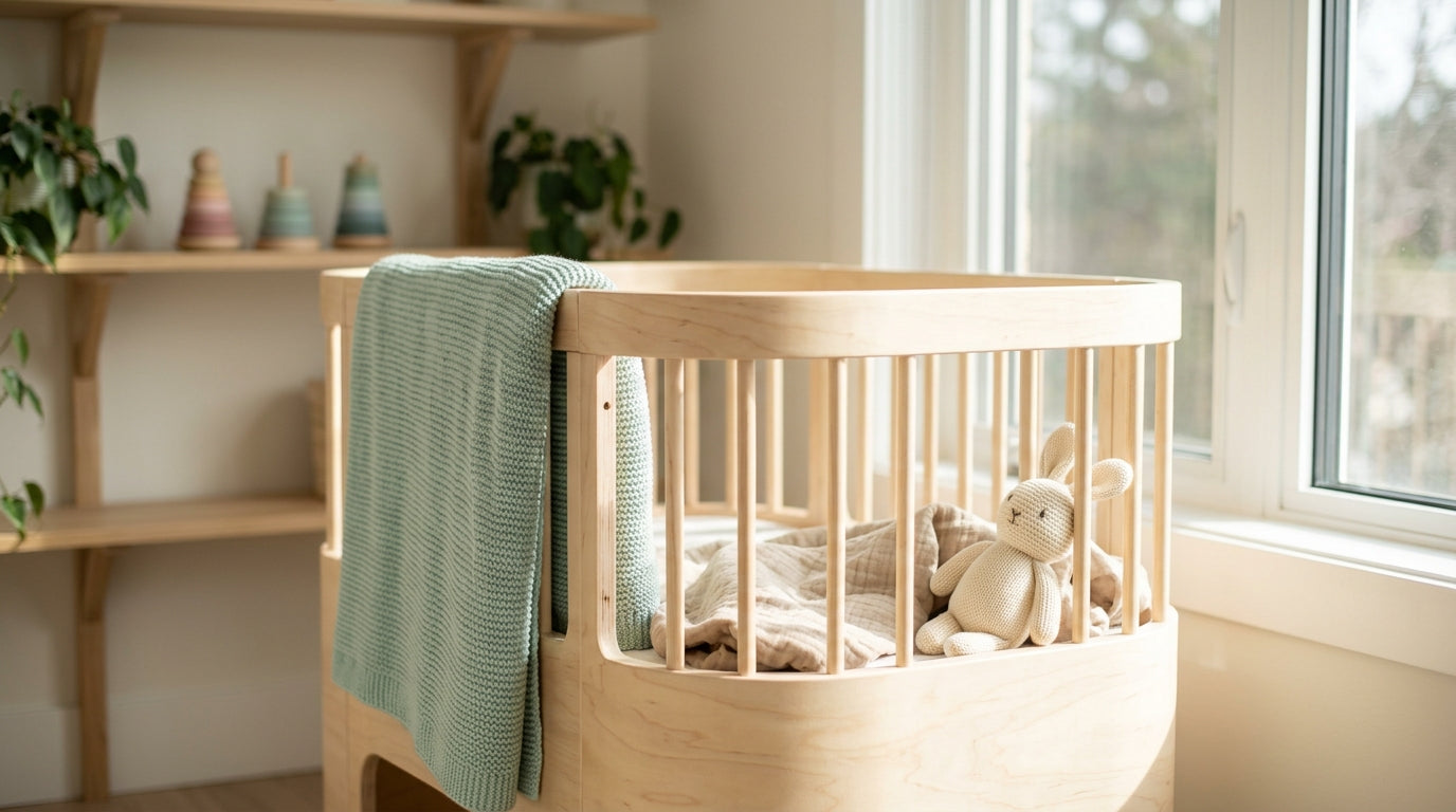 A thoughtful mother sitting in a nursery looking out the window