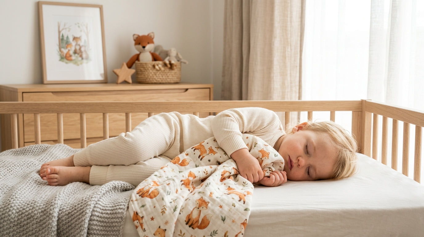 A tired father searching for a woodland fox baby blanket in the dark