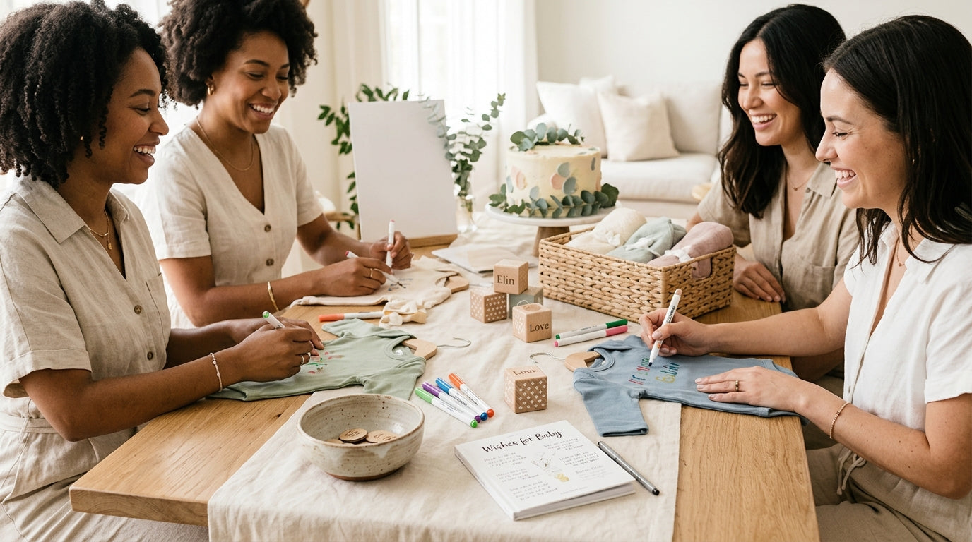 A pile of organic cotton baby blankets next to a wooden toy