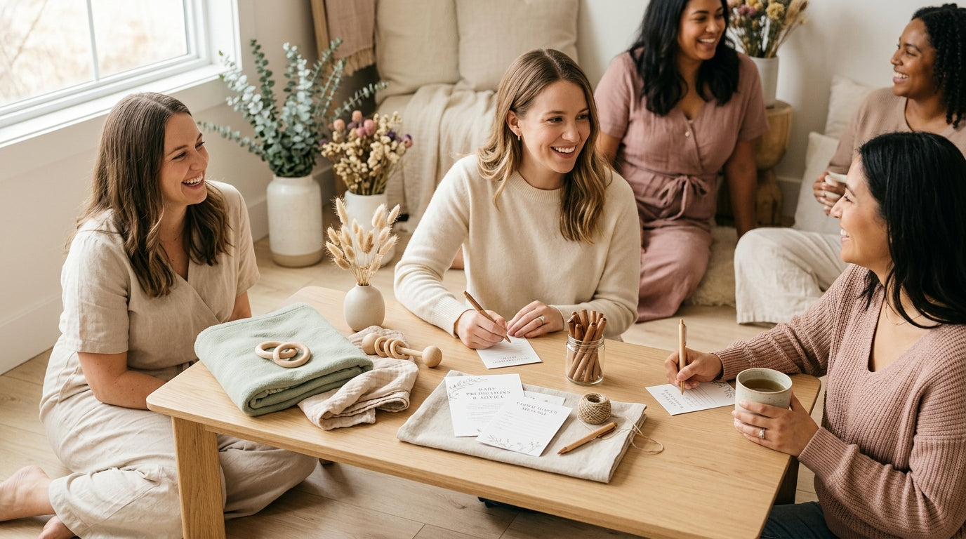 A beautifully styled baby shower gift basket sitting on a wooden table