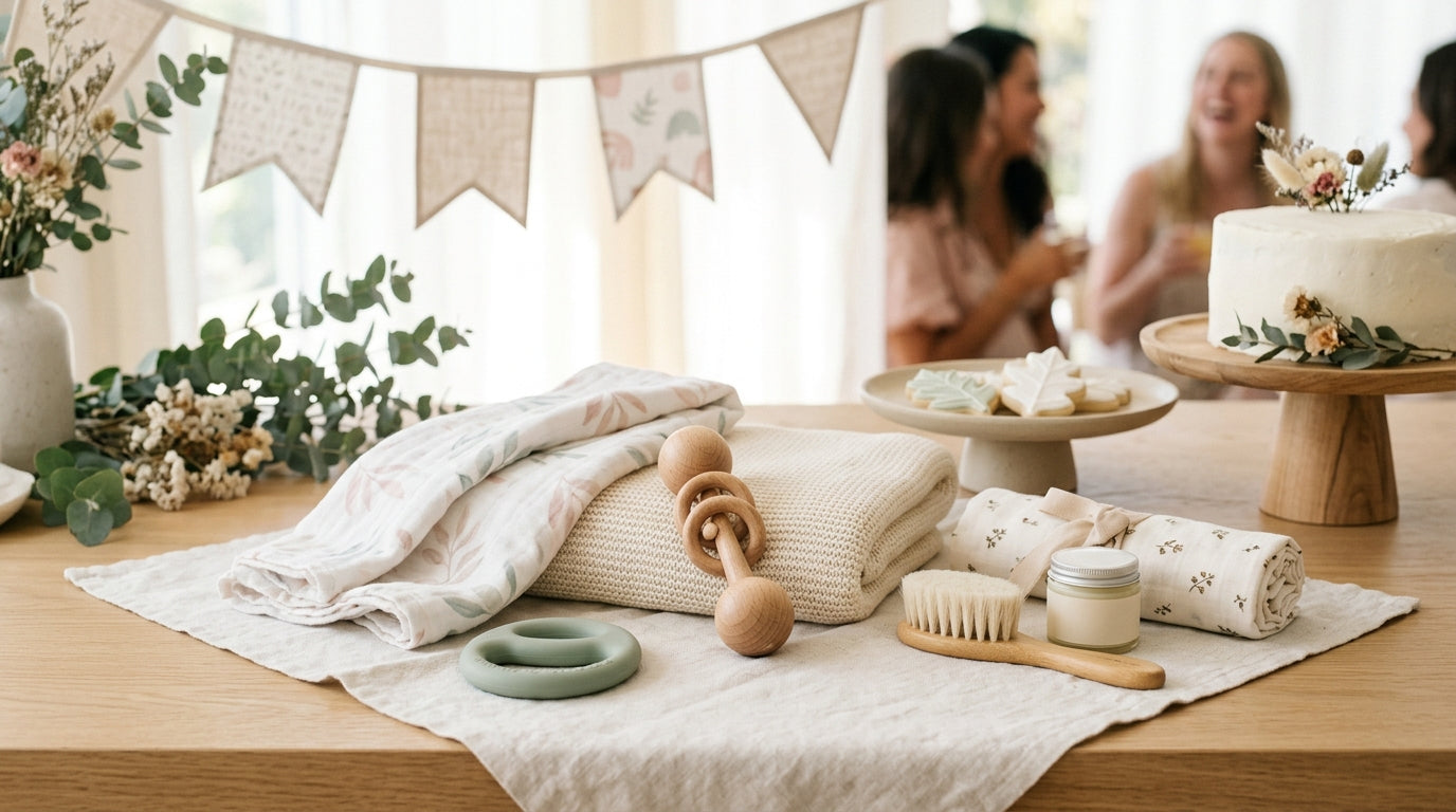 Table set for a nature inspired baby gathering with a wooden play gym centerpiece