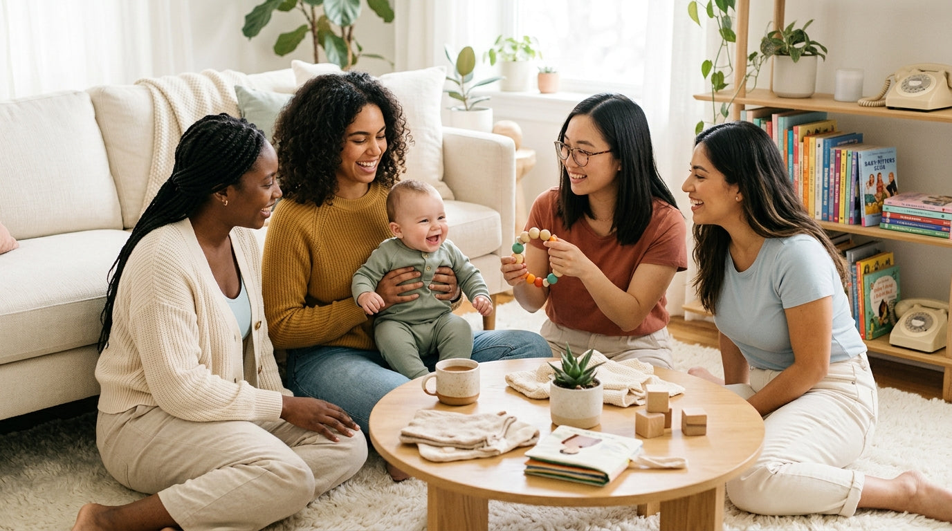 A toddler sitting on a playmat while an older girl reads a graphic novel on a green sofa