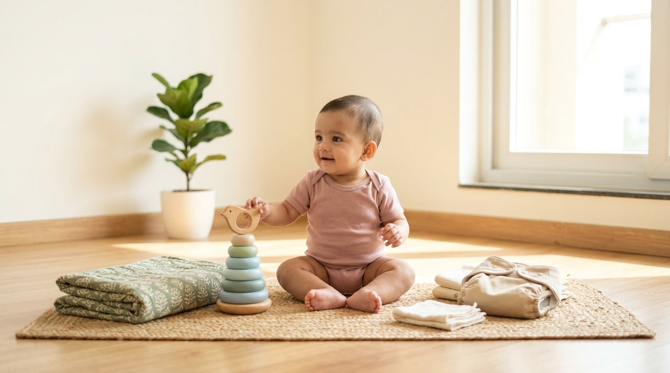 A baby in a breathable organic cotton outfit resting in a wooden jhula cradle.