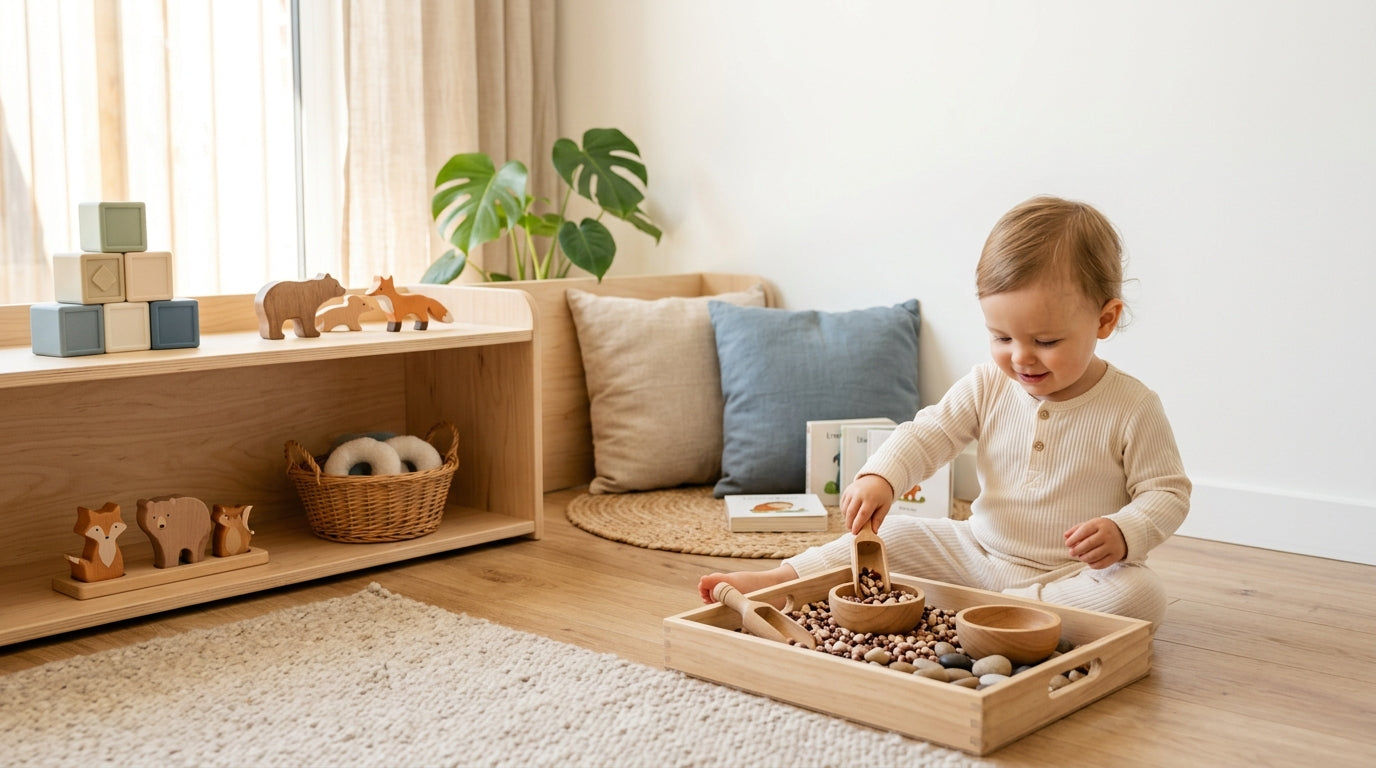 Baby reaching for wooden toys on a soft organic playmat on the floor