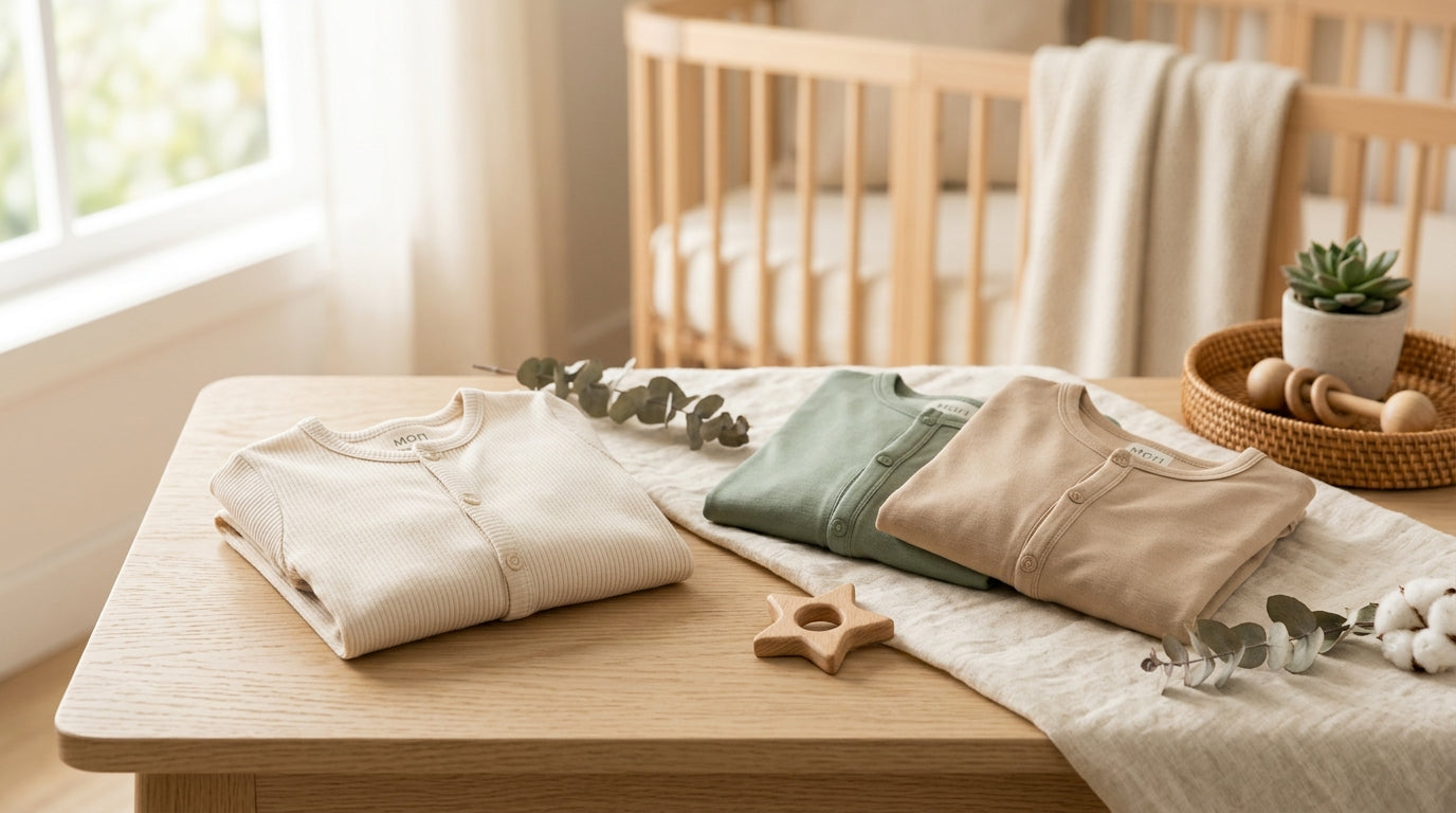 Exhausted mom holding a sleeping baby in a soft bamboo sleepsuit at night.