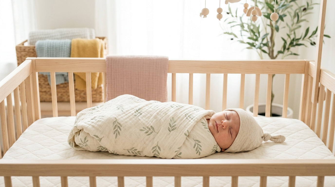 Exhausted mom trying to lower a sleeping baby into a crib without triggering the startle reflex.