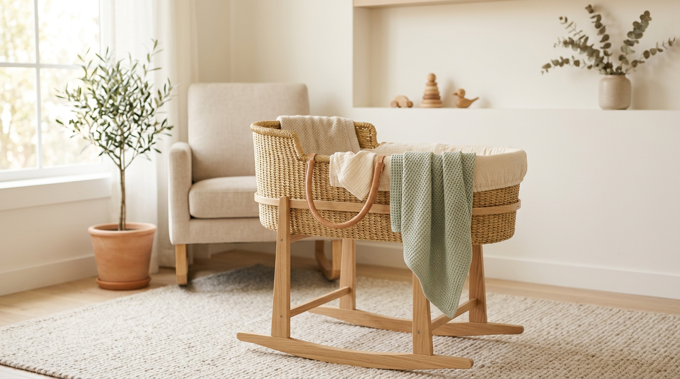 Woven palm leaf infant basket with a firm white mattress sitting on a dark wooden floor in a nursery