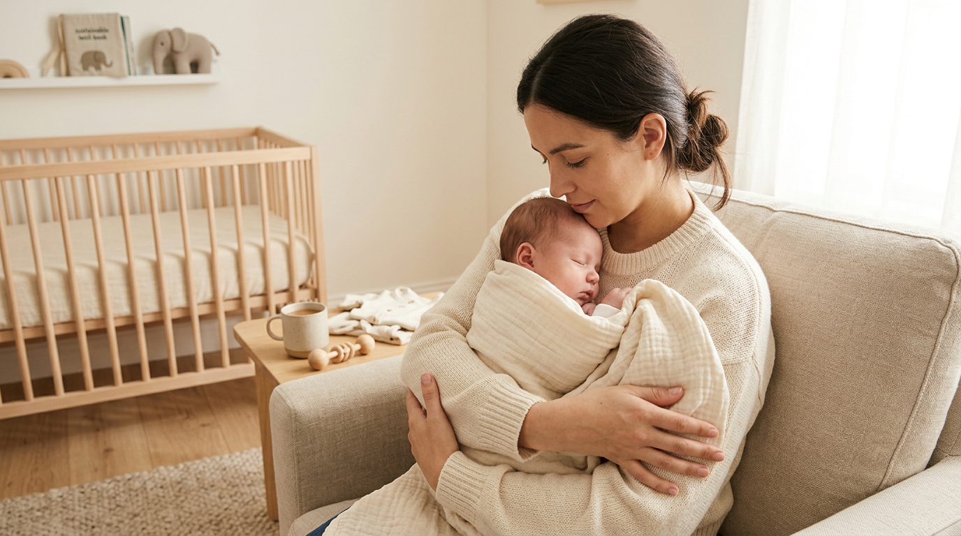 A tired mother holding a newborn baby wrapped in a bamboo blanket