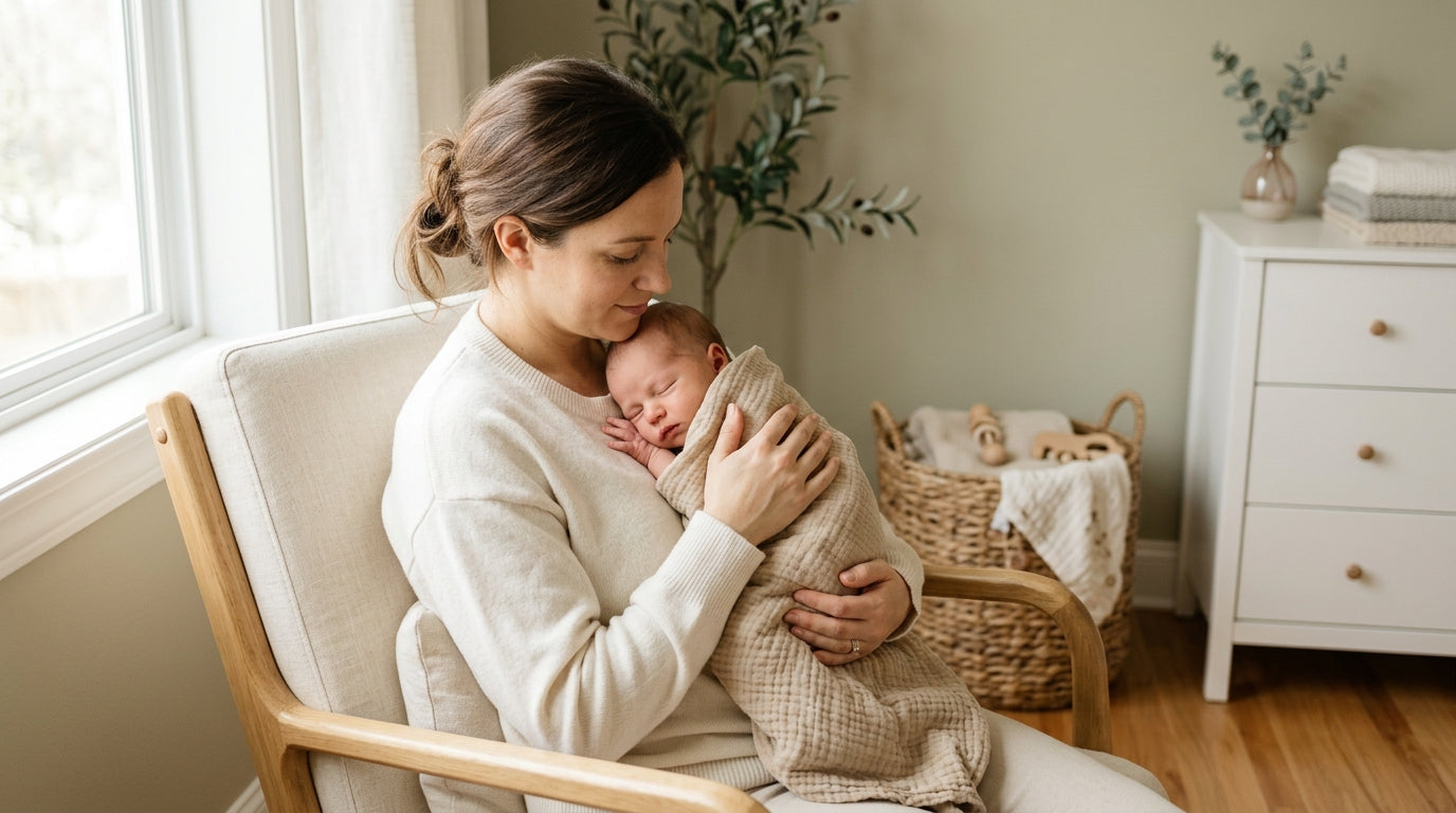 A tired mom in a messy living room holding her crying baby.