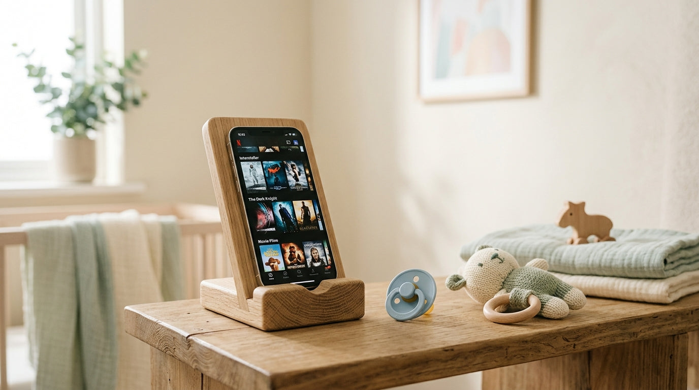Mom holding television remote away from her infant son on a playmat