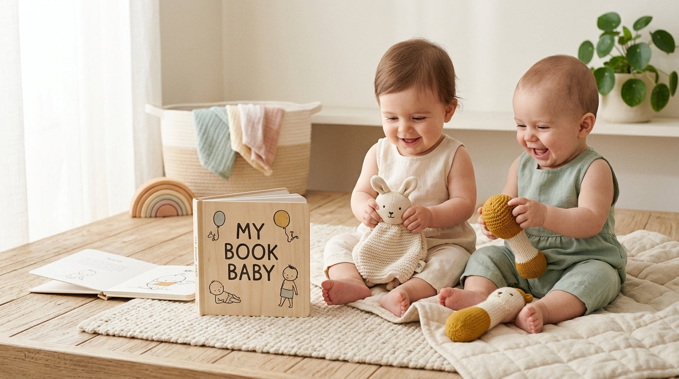 Exhausted British dad holding twins and a stack of unhelpful baby manuals