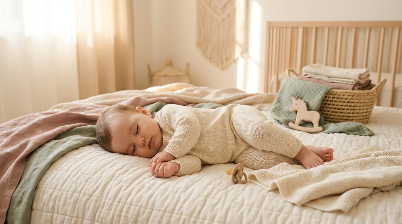 A tired mom holding a coffee mug while her baby plays on a wooden play gym.