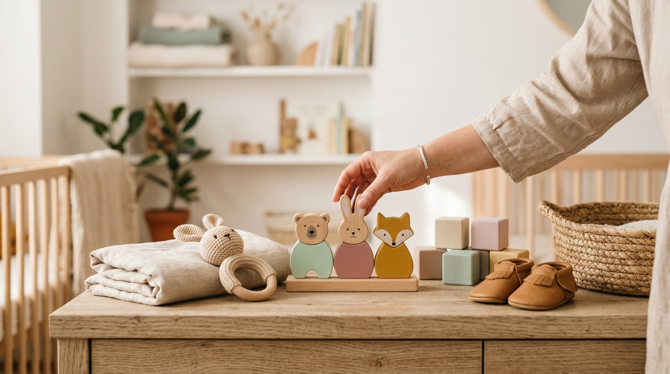 Priya sitting on a rug surrounded by wooden blocks and organic cotton baby gifts.