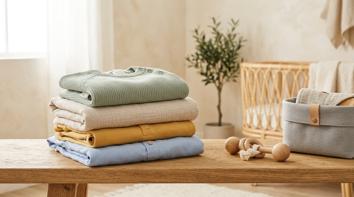 Sarah sitzt verzweifelt vor einem riesigen Berg aussortierter Babykleidung, in der Hand eine kalte Tasse Kaffee.