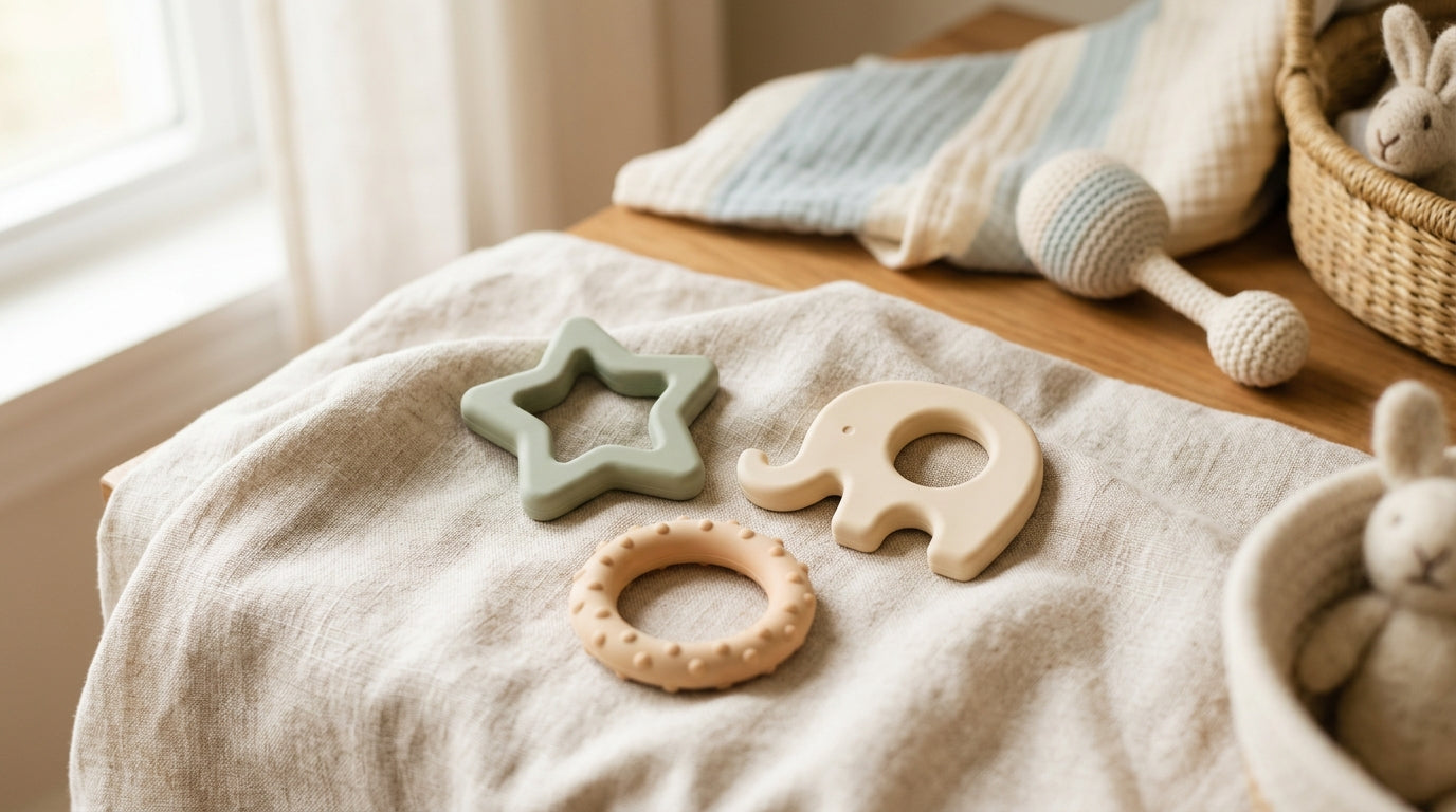 A textured natural rubber teething ring resting on a knitted baby blanket
