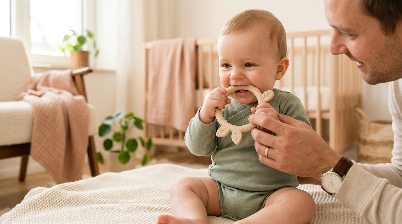 A natural rubber teether sitting next to a chewed-up laptop charger on a desk