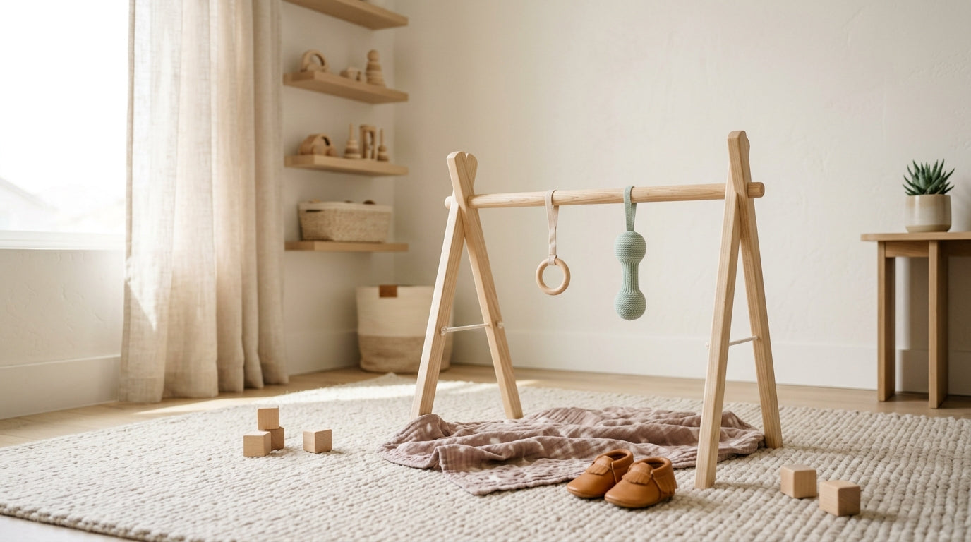 A wooden baby gym sitting in a modern, slightly messy living room