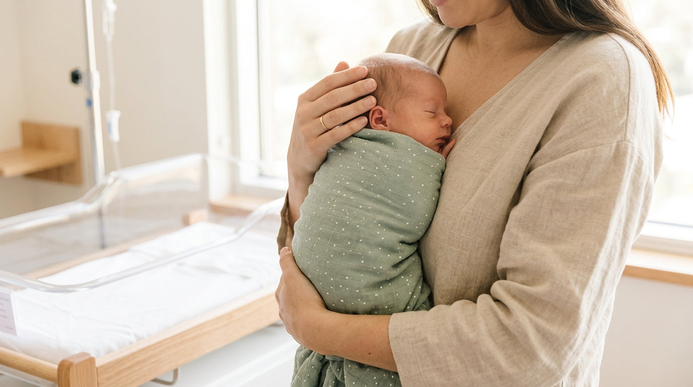 Father staring helplessly at premature twin daughter through the plastic porthole of a NICU incubator