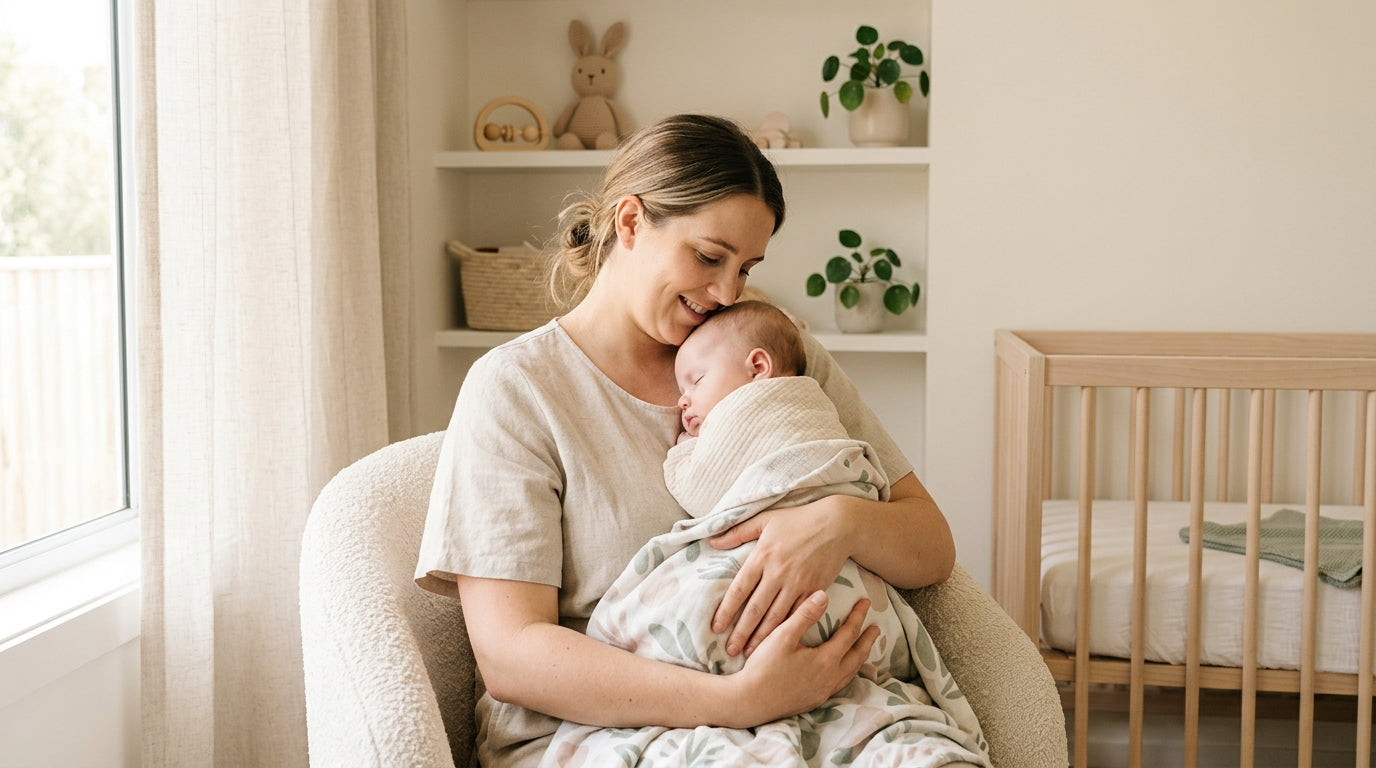 Tired dad holding twin babies surrounded by wooden toys